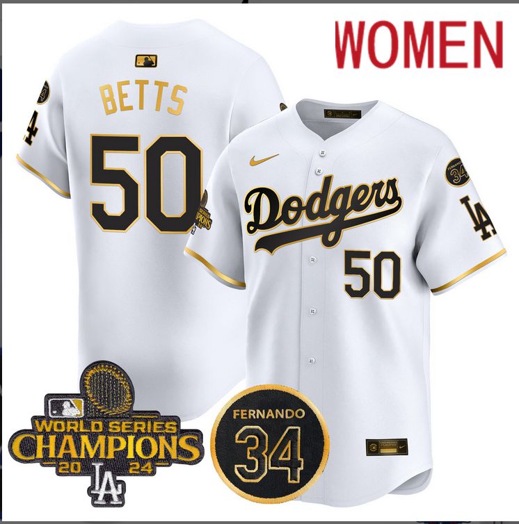 Women MLB Los Angeles Dodgers  #50 Betts white 2024 World Series Champions Patch Limited Jersey style 3->women mlb jersey->Women Jersey